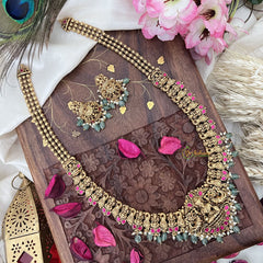 Vriksham Gold Look Alike Lakshmi Long Neckpiece-Red-Pastel Green Bead-G18095