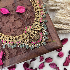 Vriksham Gold Look Alike Lakshmi Long Neckpiece-Red-Pastel Green Bead-G18095