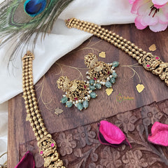 Vriksham Gold Look Alike Lakshmi Long Neckpiece-Red-Pastel Green Bead-G18095