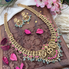 Vriksham Gold Look Alike Lakshmi Long Neckpiece-Red-Pastel Green Bead-G18095