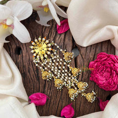 Vriksham Classic Jhumka Drop Floral Jada Billai- Red White & Green-Pearls-G21374