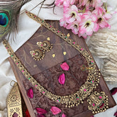 Vriksham Gold Look Alike Lakshmi with Dual Peacock Long Neckpiece-Red Green-Gold Bead-G18058