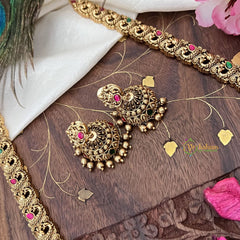 Vriksham Gold Look Alike Lakshmi with Dual Peacock Long Neckpiece-Red Green-Gold Bead-G18058