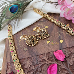 Vriksham Gold Look Alike Lakshmi with Dual Peacock Long Neckpiece-Red Green-Gold Bead-G18058