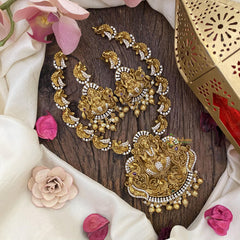 Premium AD Stone Lakshmi Pendant Short Neckpiece-Golden Beads-Pearls-G12651