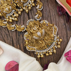 Premium AD Stone Lakshmi Pendant Short Neckpiece-Golden Beads-Pearls-G12651