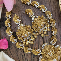 Premium AD Stone Lakshmi Pendant Short Neckpiece-Golden Beads-Pearls-G12651