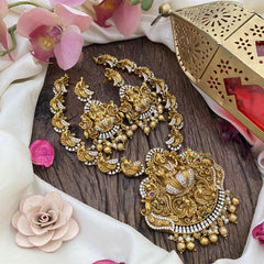 Premium AD Stone Lakshmi Pendant Short Neckpiece-Golden Beads-Pearls-G12651