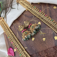 Vriksham Exquisite Jalebi Style Lakshmi Pendant Long Neckpiece-Red Green-Pastel Green Bead-G18097