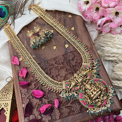 Vriksham Exquisite Jalebi Style Lakshmi Pendant Long Neckpiece-Red Green-Pastel Green Bead-G18097