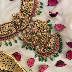 Vriksham Dual Peacock AD Stone 1 gm gold Haram-Green Bead-G17056