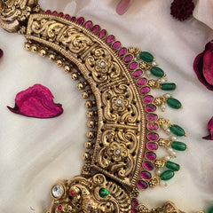 Vriksham Dual Peacock AD Stone 1 gm gold Haram-Green Bead-G17056