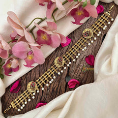 Vriksham Antique Gold-Plated Peacock Motif 3 Layer Gold Chain Sheeshphool-Red Green-Pearls-G21383