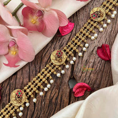 Vriksham Antique Gold-Plated Peacock Motif 3 Layer Gold Chain Sheeshphool-Red Green-Pearls-G21383