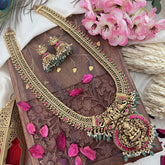 Vriksham Exquisite Jalebi Style Lakshmi Pendant Long Neckpiece-Red-Pastel Green Bead-G18101