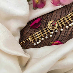 Vriksham Antique Gold-Plated Peacock Motif 3 Layer Gold Chain Sheeshphool-Red Green-Pearls-G21383