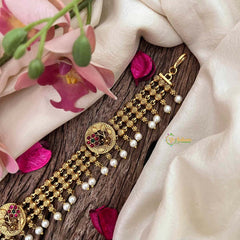 Vriksham Antique Gold-Plated Peacock Motif 3 Layer Gold Chain Sheeshphool-Red Green-Pearls-G21383