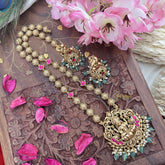 Vriksham Gold Look Alike Lakshmi Pendant Long Neckpiece-Red-Aqua Green Bead-G18038