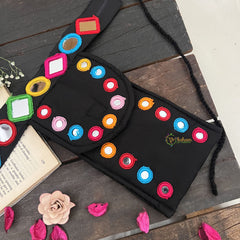 Vriksham Festival Vibes Embroidered With Mirror Mobile Pouch-Black-S1039