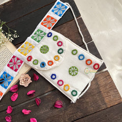 Vriksham Kutch-Inspired Mirror Embroidery Mobile Pouch-White-S1040