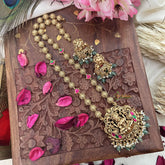 Vriksham Gold Look Alike Lakshmi Pendant Long Neckpiece-Red Green-Aqua Green Bead-G18037