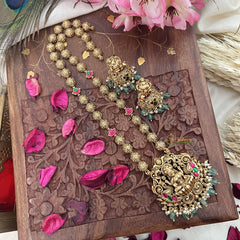 Vriksham Gold Look Alike Lakshmi Pendant Long Neckpiece-Red Green-Aqua Green Bead-G18037