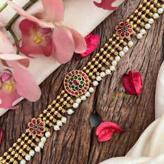 Vriksham Floral Red Green Stone Studded 3 Layer Gold Bead Chain Sheeshphool-Pearls-G21385