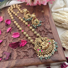 Vriksham Gold Look Alike Lakshmi Pendant Long Neckpiece-Red Green-Aqua Green Bead-G18037