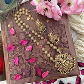 Vriksham Gold Look Alike Lakshmi Pendant Long Neckpiece-Red Green-Gold Bead-G18040