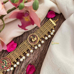 Vriksham Ethnic Matte Gold Peacock Round 4 Layer Gold Chain Sheeshphool-Red Green-Pearls-G21384