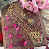 Vriksham Gold Look Alike Lakshmi Pendant Long Neckpiece-Red Green-Pastel Green Bead-G18044