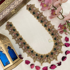 Vriksham Lakshmi Coin With Peacock 1 gm gold Temple Neckpiece-Green Tear Drop-G17065