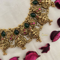 Vriksham Lakshmi Coin With Peacock 1 gm gold Temple Neckpiece-Green Tear Drop-G17065