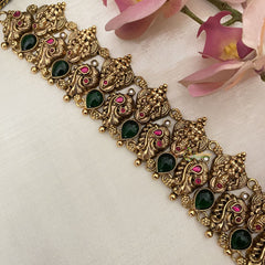 Vriksham Lakshmi Coin With Peacock 1 gm gold Temple Neckpiece-Green Tear Drop-G17065