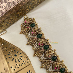 Vriksham Lakshmi Coin With Peacock 1 gm gold Temple Neckpiece-Green Tear Drop-G17065