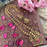 Vriksham Gold Look Alike Lakshmi Pendant Long Neckpiece-Red Green-Gold Bead-G18041