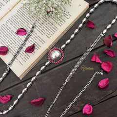 Vriksham Vintage Medallion Pink Stone Silver Oxidized Hipchain-S1044