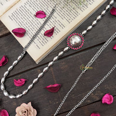 Vriksham Vintage Medallion Pink Stone Silver Oxidized Hipchain-S1044