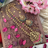 Vriksham Gold Look Alike Lakshmi Pendant Long Neckpiece-Red-Pastel Green Bead-G18043