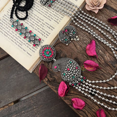 Vriksham Royal Grace Oxidized Layered Silver Oxidized Long Neckpiece-S1045