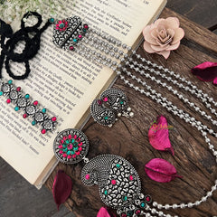 Vriksham Royal Grace Oxidized Layered Silver Oxidized Long Neckpiece-S1045