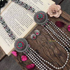 Vriksham Floral Glory Oxidized 5 Layered Silver Oxidized Long Neckpiece-S1046