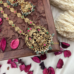 Vriksham Gold Look Alike Dual Elephant Long Neckpiece-Red Green-Pastel Green Bead-G18102