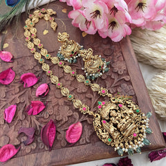 Vriksham Gold Look Alike Dual Elephant Long Neckpiece-Red Green-Pastel Green Bead-G18102