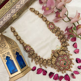 Elegant 1 gm Gold AD Stone Peacock Pendant Haram -G14344