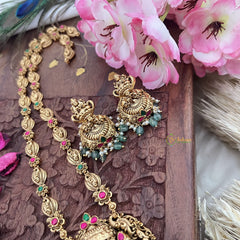 Vriksham Gold Look Alike Dual Elephant Long Neckpiece-Red Green-Pastel Green Bead-G18102