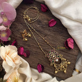 Vriksham Exclusive Red Green Stone Pendant Chain-Golden Pearls-G15644