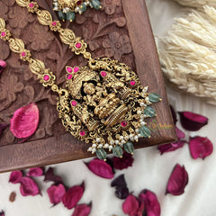 Vriksham Gold Look Alike Dual Elephant Long Neckpiece-Red-Pastel Green Bead-G18103