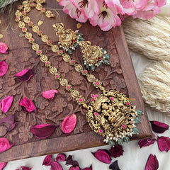 Vriksham Gold Look Alike Dual Elephant Long Neckpiece-Red-Pastel Green Bead-G18103