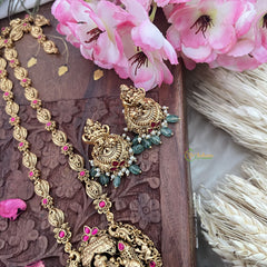 Vriksham Gold Look Alike Dual Elephant Long Neckpiece-Red-Pastel Green Bead-G18103